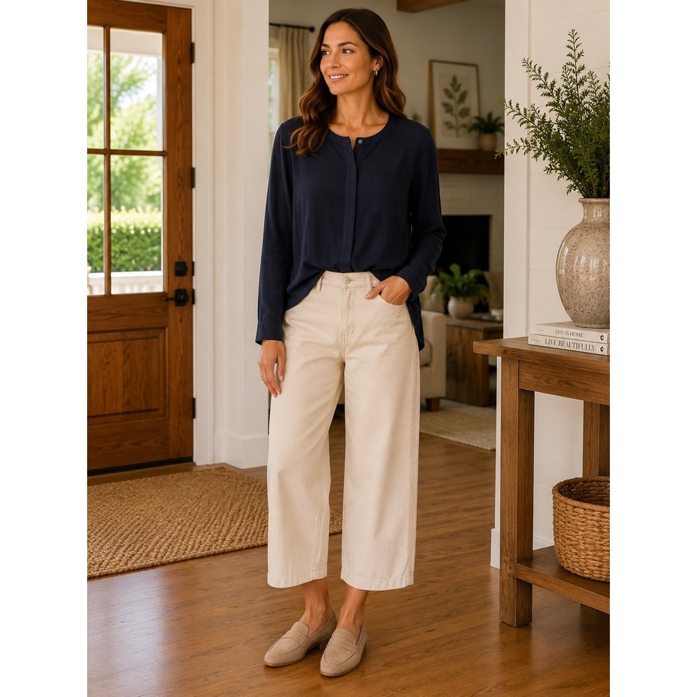 LOFT Navy Blue Long Sleeve Hidden‎ Button Down Blouse Chest Pocket XL P102